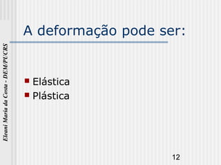 12
EleaniMariadaCosta-DEM/PUCRS
A deformação pode ser:
 Elástica
 Plástica
 