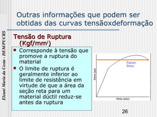 26
EleaniMariadaCosta-DEM/PUCRS
Outras informações que podem ser
obtidas das curvas tensãoxdeformação
Tensão de RupturaTensão de Ruptura
(Kgf/mm(Kgf/mm22
))
 Corresponde à tensão que
promove a ruptura do
material
 O limite de ruptura é
geralmente inferior ao
limite de resistência em
virtude de que a área da
seção reta para um
material dúctil reduz-se
antes da ruptura
 