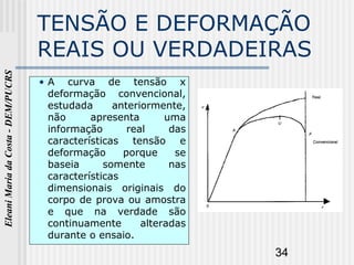 34
EleaniMariadaCosta-DEM/PUCRS
TENSÃO E DEFORMAÇÃO
REAIS OU VERDADEIRAS
• A curva de tensão x
deformação convencional,
estudada anteriormente,
não apresenta uma
informação real das
características tensão e
deformação porque se
baseia somente nas
características
dimensionais originais do
corpo de prova ou amostra
e que na verdade são
continuamente alteradas
durante o ensaio.
 