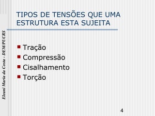 4
EleaniMariadaCosta-DEM/PUCRS
TIPOS DE TENSÕES QUE UMA
ESTRUTURA ESTA SUJEITA
 Tração
 Compressão
 Cisalhamento
 Torção
 