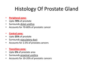 Histology Of Prostate Gland
• Peripheral zone:
• Upto 70% of prostate
• Surrounds distal urethra
• Accounts for 70-80% of prostatic cancer
• Central zone:
• Upto 25% of prostate
• Surrounds ejaculatory duct
• Accounts for 2.5% of prostate.cancers
• Transition zone:
• Upto 5% of prostate area
• Surrounds proximal urethra
• Accounts for 10-20% of prostatic cancers
 
