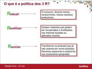 O que é a política dos 3 R?
R
R
R
eduzir
eutilizar
eciclar
O consumo. Quanto menos
consumirmos, menos resíduos
produzimos.
O consumo. Quanto menos
consumirmos, menos resíduos
produzimos.
Existem materiais que podem
ser recuperados e reutilizados
nas mesmas funções ou
aplicados noutras.
Existem materiais que podem
ser recuperados e reutilizados
nas mesmas funções ou
aplicados noutras.
Transformar os produtos que já
não usamos em novos produtos.
Devemos separá-los e colocá-los
nos contentores apropriado.
Transformar os produtos que já
não usamos em novos produtos.
Devemos separá-los e colocá-los
nos contentores apropriado.
Planeta Terra — 8.º ano
 