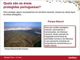 Parque Natural Parque Natural da Ria Formosa. Área que contém paisagens naturais, seminaturais e humanizadas, de interesse nacional, sendo exemplo de integração harmoniosa da actividade humana e da Natureza e que apresenta amostras de ecossistemas característicos ou região natural. Para proteger alguns ecossistemas em território nacional, criaram-se vários tipos de áreas protegidas. Planeta Terra — 8.º ano Quais são as áreas protegidas portuguesas? 