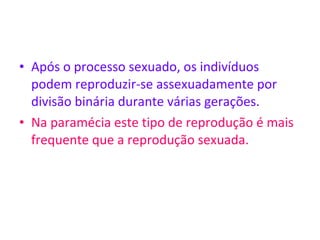 Após o processo sexuado, os indivíduos podem reproduzir-se assexuadamente por divisão binária durante várias gerações. Na paramécia este tipo de reprodução é mais frequente que a reprodução sexuada. 
