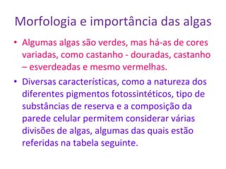 Morfologia e importância das algas Algumas algas são verdes, mas há-as de cores variadas, como castanho - douradas, castanho – esverdeadas e mesmo vermelhas. Diversas características, como a natureza dos diferentes pigmentos fotossintéticos, tipo de substâncias de reserva e a composição da parede celular permitem considerar várias divisões de algas, algumas das quais estão referidas na tabela seguinte.  