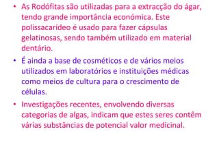 As Rodófitas são utilizadas para a extracção do ágar, tendo grande importância económica. Este polissacarídeo é usado para fazer cápsulas gelatinosas, sendo também utilizado em material dentário. É ainda a base de cosméticos e de vários meios utilizados em laboratórios e instituições médicas como meios de cultura para o crescimento de células. Investigações recentes, envolvendo diversas categorias de algas, indicam que estes seres contêm várias substâncias de potencial valor medicinal.  