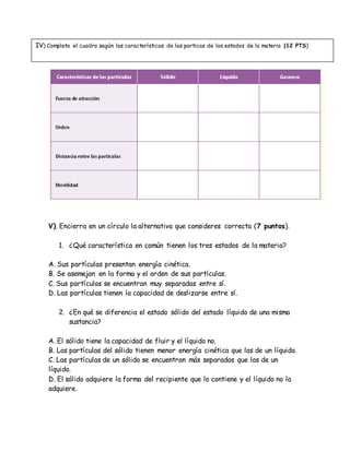 cc
V). Encierra en un círculo la alternativa que consideres correcta (7 puntos).
1. ¿Qué característica en común tienen los tres estados de la materia?
A. Sus partículas presentan energía cinética.
B. Se asemejan en la forma y el orden de sus partículas.
C. Sus partículas se encuentran muy separadas entre sí.
D. Las partículas tienen la capacidad de deslizarse entre sí.
2. ¿En qué se diferencia el estado sólido del estado líquido de una misma
sustancia?
A. El sólido tiene la capacidad de fluir y el líquido no.
B. Las partículas del sólido tienen menor energía cinética que las de un líquido.
C. Las partículas de un sólido se encuentran más separadas que las de un
líquido.
D. El sólido adquiere la forma del recipiente que lo contiene y el líquido no la
adquiere.
IV) Completa el cuadro según las características de las particas de los estados de la materia (12 PTS)
 