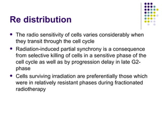 Re distribution
   The radio sensitivity of cells varies considerably when
    they transit through the cell cycle
   Radiation-induced partial synchrony is a consequence
    from selective killing of cells in a sensitive phase of the
    cell cycle as well as by progression delay in late G2-
    phase
   Cells surviving irradiation are preferentially those which
    were in relatively resistant phases during fractionated
    radiotherapy
 