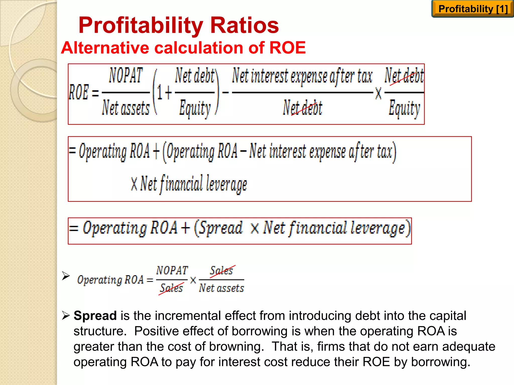 Profitability Ratios
Alternative calculation of ROE
Profitability [1]
 Spread is the incremental effect from introducing debt into the capital
structure. Positive effect of borrowing is when the operating ROA is
greater than the cost of browning. That is, firms that do not earn adequate
operating ROA to pay for interest cost reduce their ROE by borrowing.

 
