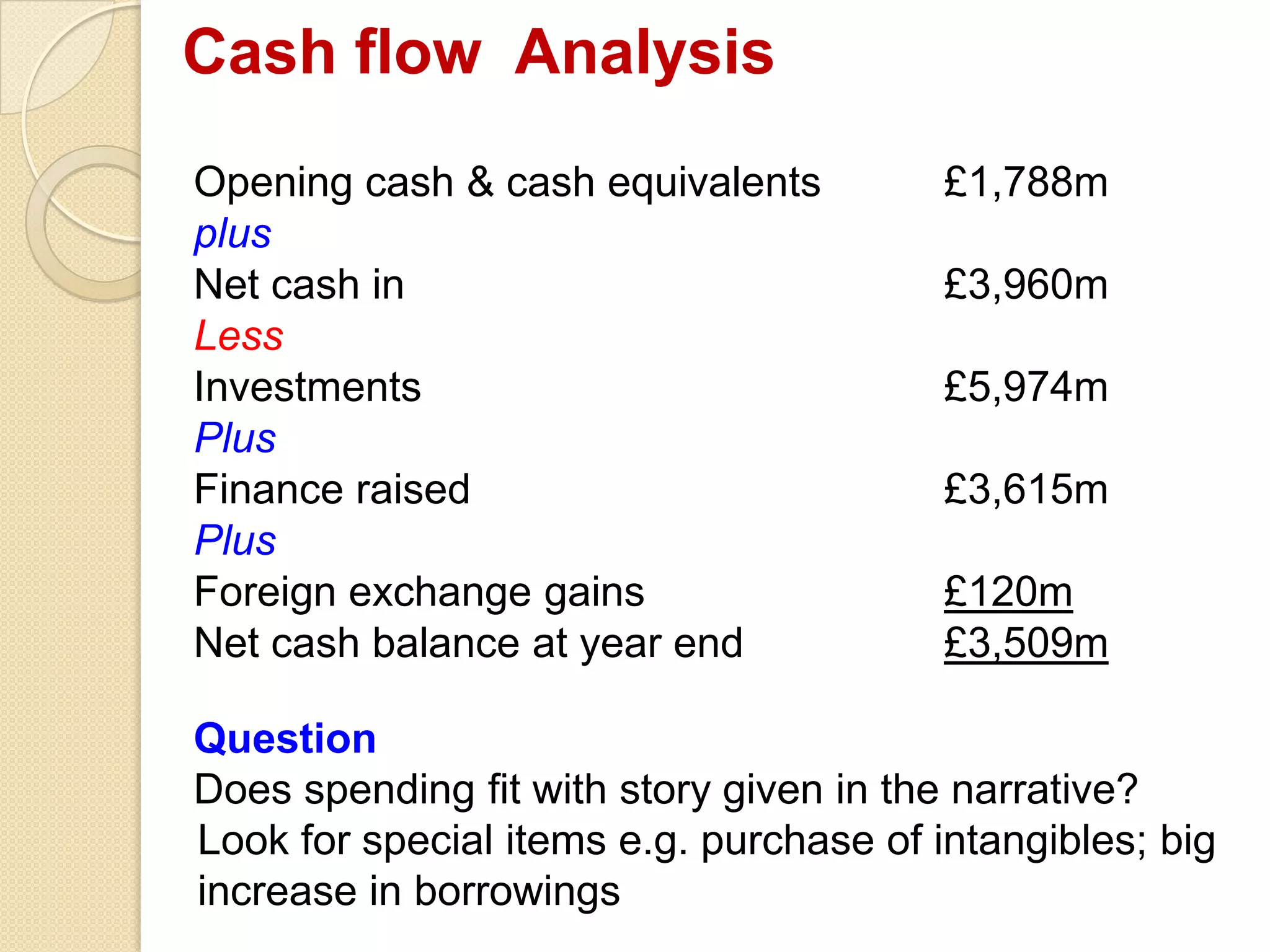 Cash flow Analysis
Opening cash & cash equivalents £1,788m
plus
Net cash in £3,960m
Less
Investments £5,974m
Plus
Finance raised £3,615m
Plus
Foreign exchange gains £120m
Net cash balance at year end £3,509m
Question
Does spending fit with story given in the narrative?
Look for special items e.g. purchase of intangibles; big
increase in borrowings
 