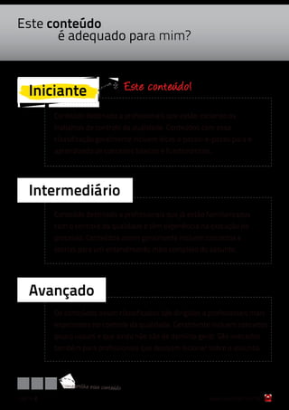 Este conteúdo
       é adequado para mim?



    Iniciante                               Este conteúdo!

           Conteúdo destinado a profissionais que estão iniciando os
           trabalhos de controle da qualidade. Conteúdos com essa
           classificação geralmente incluem dicas e passo-a-passo para o
           aprendizado de conceitos básicos e fundamentais.




    Intermediário
           Conteúdo destinado a profissionais que já estão familiarizados
           com o controle da qualidade e têm experiência na execução do
           processo. Conteúdos assim geralmente incluem conceitos e
           teorias para um entendimento mais completo do assunto.




    Avançado
           Os conteúdos assim classificados são dirigidos a profissionais mais
           experientes no controle da qualidade. Geralmente incluem conceitos
           pouco usuais e que ainda não são de domínio geral. São indicados
           também para profissionais que desejam lecionar sobre o assunto.




             com partilh e ess e conteúdo
página 2                                                     www.qualichart.com.br
 