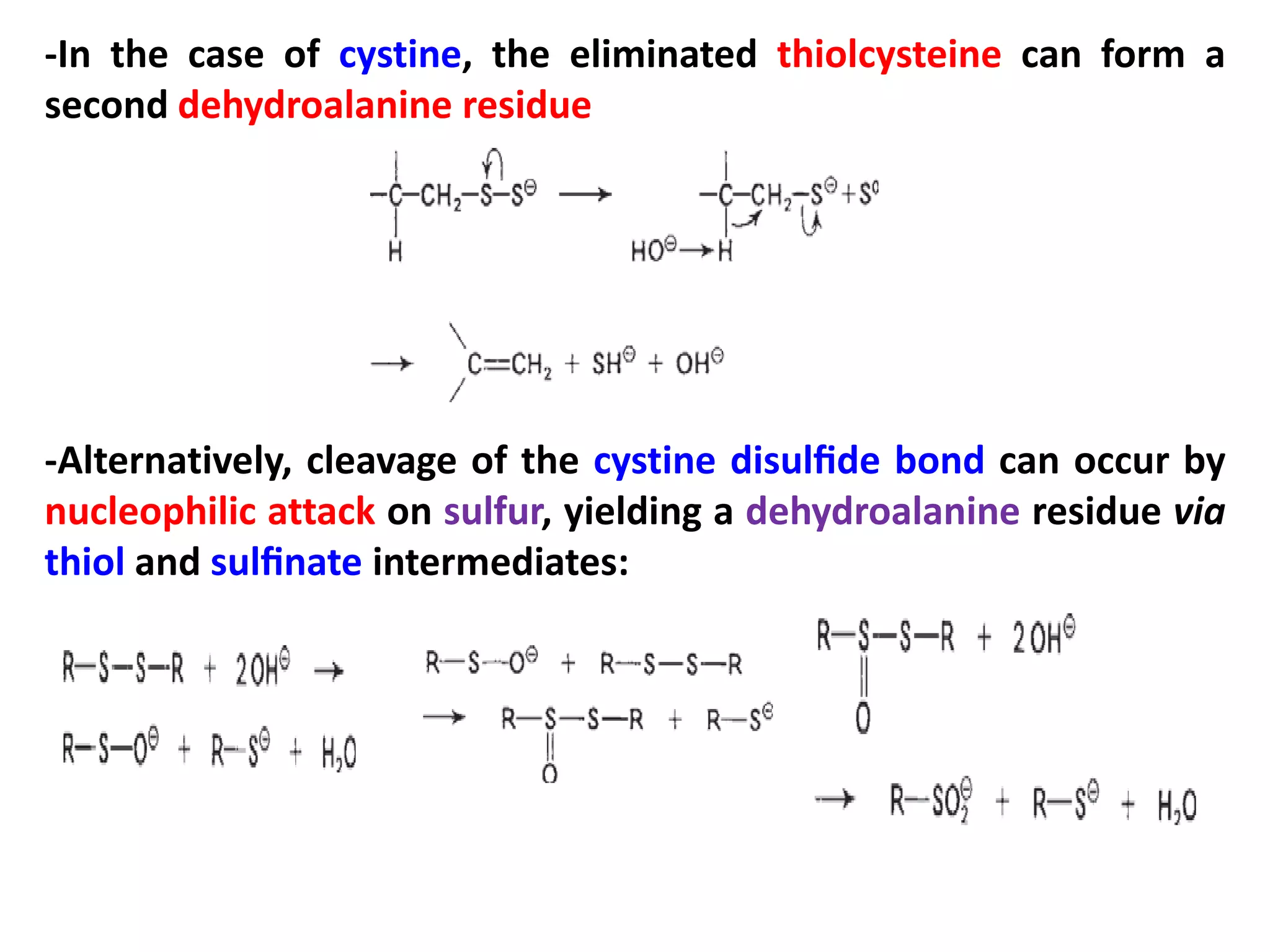 -In the case of cystine, the eliminated thiolcysteine can form a
second dehydroalanine residue

-Alternatively, cleavage of the cystine disulﬁde bond can occur by
nucleophilic attack on sulfur, yielding a dehydroalanine residue via
thiol and sulﬁnate intermediates:

 