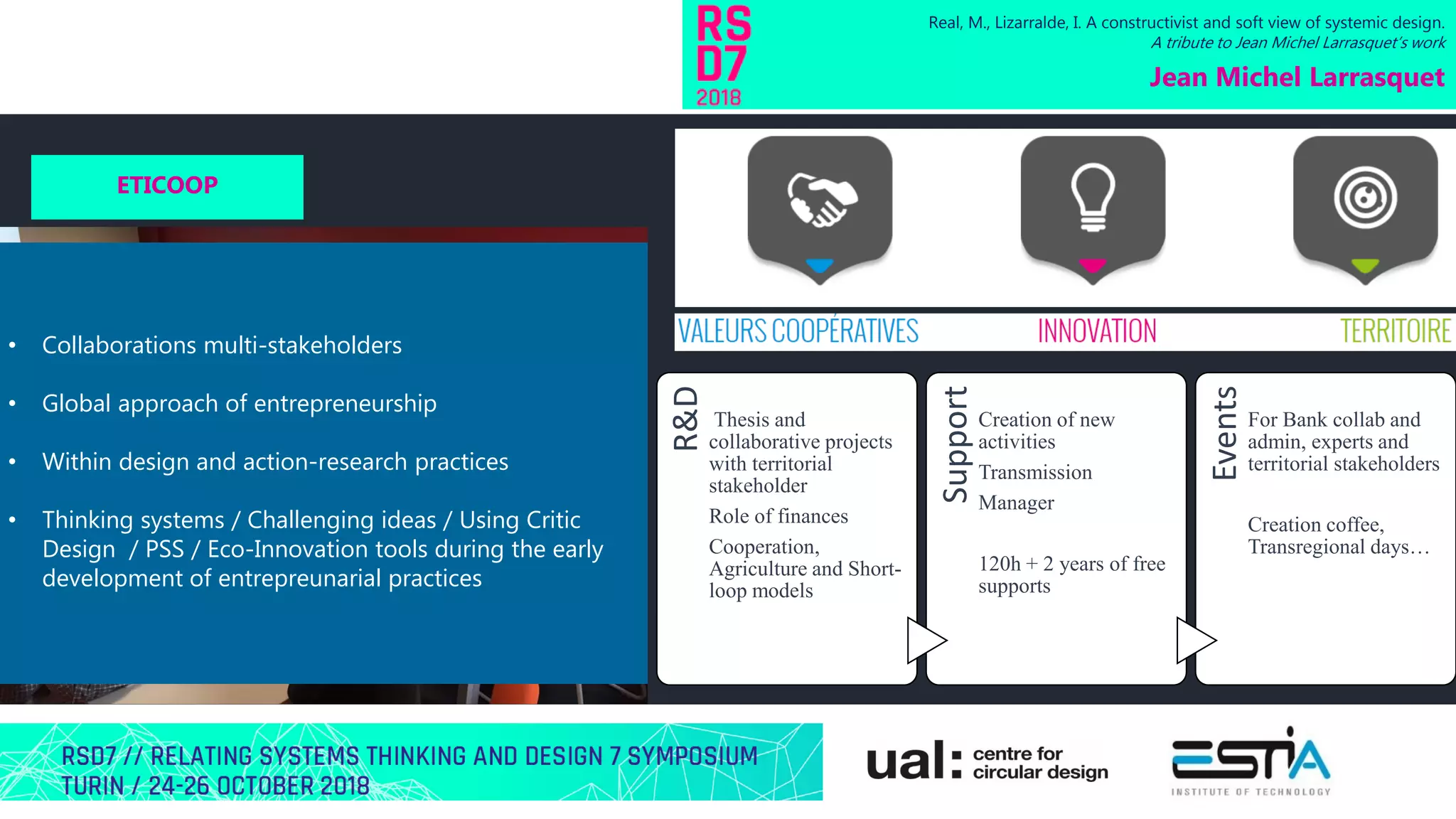 Real, M., Lizarralde, I. A constructivist and soft view of systemic design.
A tribute to Jean Michel Larrasquet’s work
Jean Michel Larrasquet
ETICOOP
R&D
Thesis and
collaborative projects
with territorial
stakeholder
Role of finances
Cooperation,
Agriculture and Short-
loop models
Support
Creation of new
activities
Transmission
Manager
120h + 2 years of free
supports
Events
For Bank collab and
admin, experts and
territorial stakeholders
Creation coffee,
Transregional days…
• Collaborations multi-stakeholders
• Global approach of entrepreneurship
• Within design and action-research practices
• Thinking systems / Challenging ideas / Using Critic
Design / PSS / Eco-Innovation tools during the early
development of entrepreunarial practices
 