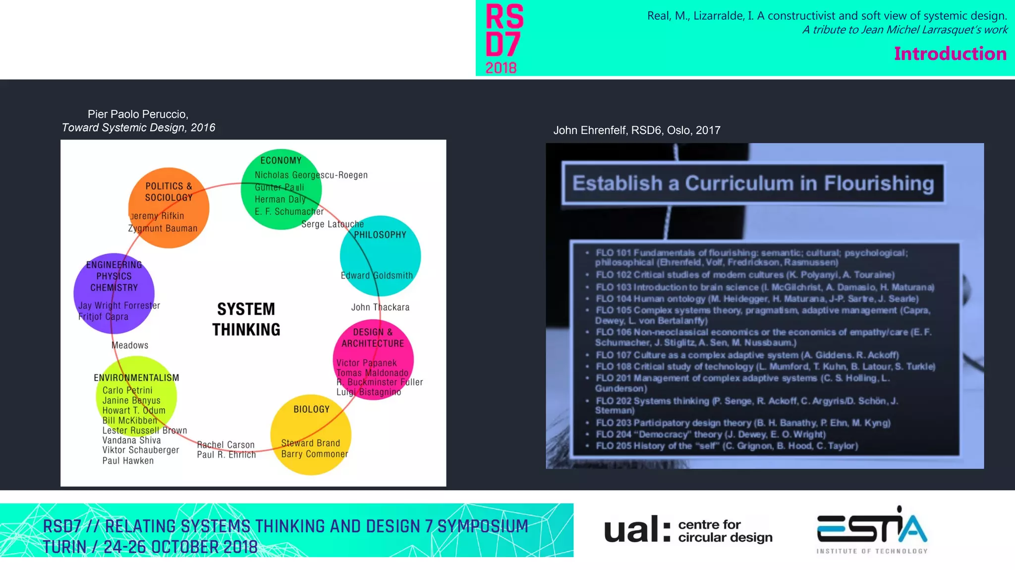 Real, M., Lizarralde, I. A constructivist and soft view of systemic design.
A tribute to Jean Michel Larrasquet’s work
Introduction
Pier Paolo Peruccio,
Toward Systemic Design, 2016 John Ehrenfelf, RSD6, Oslo, 2017
 