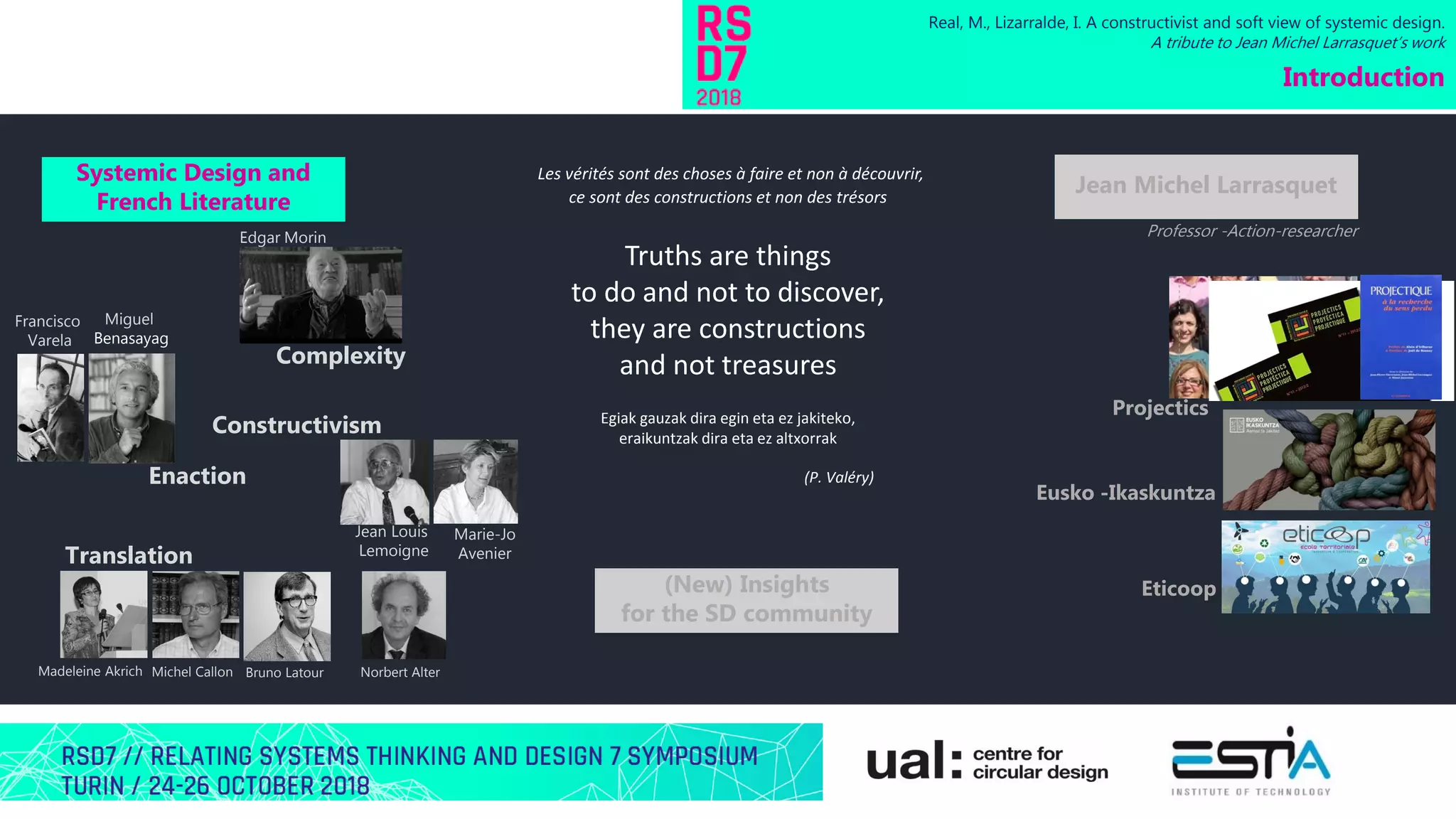 Les vérités sont des choses à faire et non à découvrir,
ce sont des constructions et non des trésors
Truths are things
to do and not to discover,
they are constructions
and not treasures
Egiak gauzak dira egin eta ez jakiteko,
eraikuntzak dira eta ez altxorrak
(P. Valéry)
Real, M., Lizarralde, I. A constructivist and soft view of systemic design.
A tribute to Jean Michel Larrasquet’s work
Introduction
Systemic Design and
French Literature
Jean Michel Larrasquet
(New) Insights
for the SD community
Complexity
Enaction
Constructivism
Translation
Professor -Action-researcher
Projectics
Eusko -Ikaskuntza
Eticoop
Edgar Morin
Francisco
Varela
Jean Louis
Lemoigne
Marie-Jo
Avenier
Miguel
Benasayag
Michel Callon Bruno LatourMadeleine Akrich Norbert Alter
 