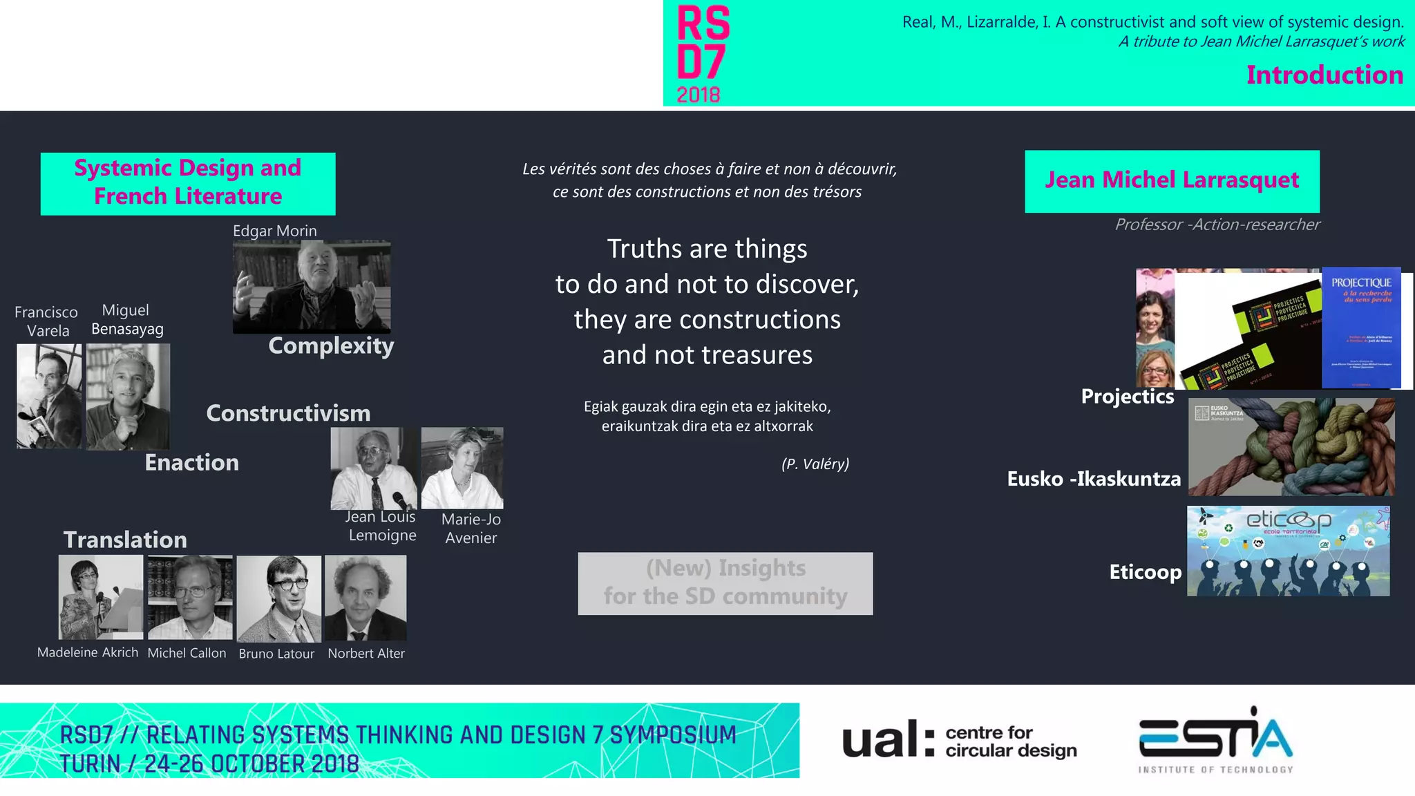Les vérités sont des choses à faire et non à découvrir,
ce sont des constructions et non des trésors
Truths are things
to do and not to discover,
they are constructions
and not treasures
Egiak gauzak dira egin eta ez jakiteko,
eraikuntzak dira eta ez altxorrak
(P. Valéry)
Real, M., Lizarralde, I. A constructivist and soft view of systemic design.
A tribute to Jean Michel Larrasquet’s work
Introduction
Systemic Design and
French Literature
Jean Michel Larrasquet
(New) Insights
for the SD community
Complexity
Enaction
Constructivism
Translation
Professor -Action-researcher
Projectics
Eusko -Ikaskuntza
Eticoop
Edgar Morin
Francisco
Varela
Jean Louis
Lemoigne
Marie-Jo
Avenier
Miguel
Benasayag
Michel Callon Bruno LatourMadeleine Akrich Norbert Alter
 