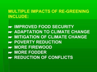 MULTIPLE IMPACTS OF RE-GREENING
INCLUDE:

☛   IMPROVED FOOD SECURITY
☛   ADAPTATION TO CLIMATE CHANGE
☛   MITIGATION OF CLIMATE CHANGE
☛   POVERTY REDUCTION
☛   MORE FIREWOOD
☛   MORE FODDER
☛   REDUCTION OF CONFLICTS
 