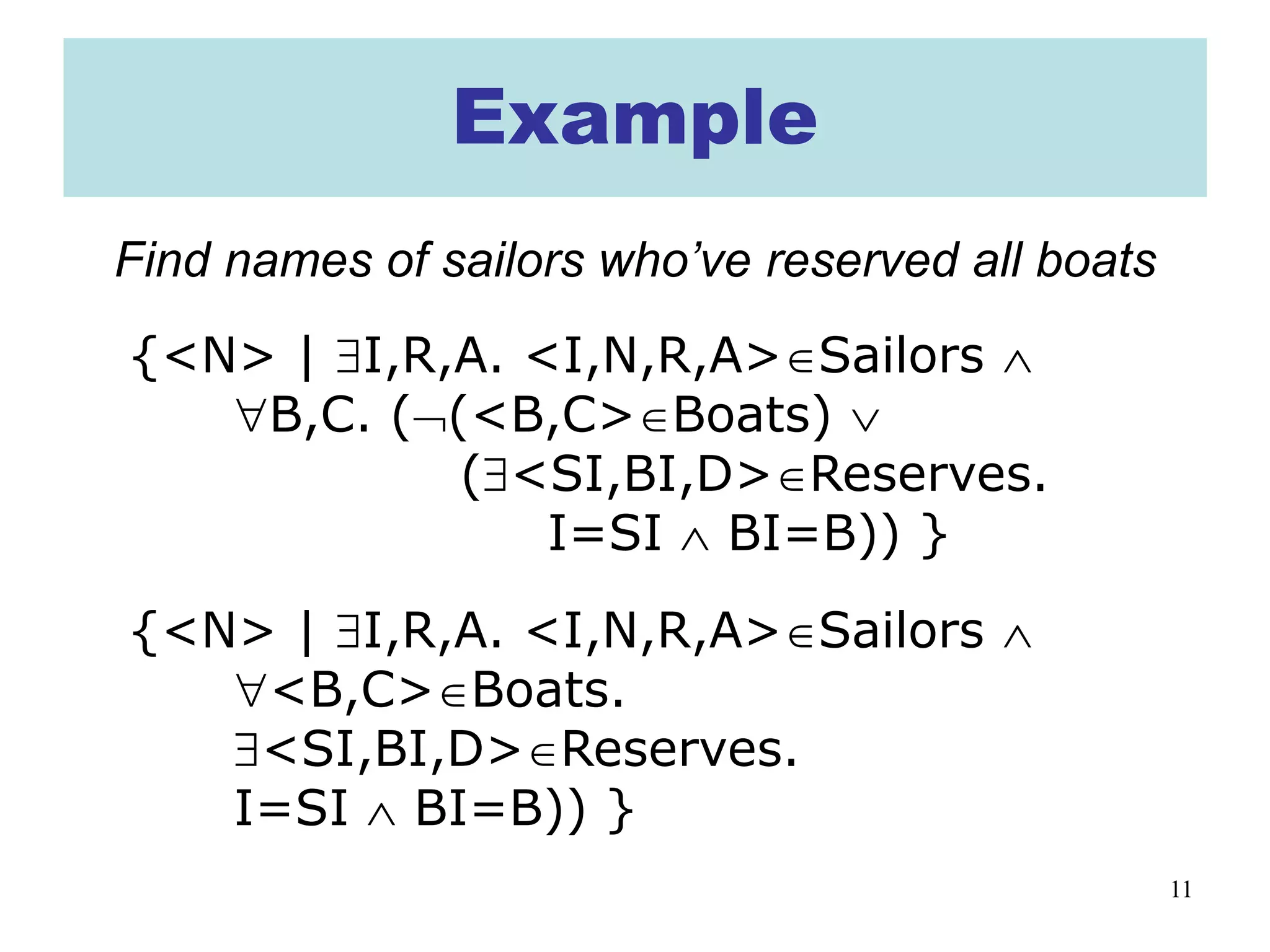 11
Example
Find names of sailors who’ve reserved all boats
{<N> | ∃I,R,A. <I,N,R,A>∈Sailors ∧
∀B,C. (¬(<B,C>∈Boats) ∨
(∃<SI,BI,D>∈Reserves.
I=SI ∧ BI=B)) }
{<N> | ∃I,R,A. <I,N,R,A>∈Sailors ∧
∀<B,C>∈Boats.
∃<SI,BI,D>∈Reserves.
I=SI ∧ BI=B)) }
 