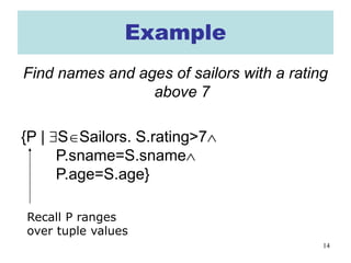 14
Example
Find names and ages of sailors with a rating
above 7
{P | ∃S∈Sailors. S.rating>7∧
P.sname=S.sname∧
P.age=S.age}
Recall P ranges
over tuple values
 