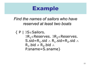 15
Example
Find the names of sailors who have
reserved at least two boats
{ P | ∃S∈Sailors.
∃R1∈Reserves. ∃R2∈Reserves.
S.sid=R1.sid ∧ R1.sid=R2.sid ∧
R1.bid ≠ R2.bid ∧
P.sname=S.sname}
 