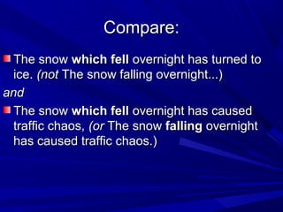 Compare:Compare:
The snowThe snow which fellwhich fell overnight has turned toovernight has turned to
ice.ice. (not(not The snow falling overnight...)The snow falling overnight...)
andand
The snowThe snow which fellwhich fell overnight has causedovernight has caused
traffic chaos,traffic chaos, (or(or The snowThe snow fallingfalling overnightovernight
has caused traffic chaos.)has caused traffic chaos.)
 
