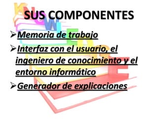SUS COMPONENTES
Memoria de trabajo
Interfaz con el usuario, el
 ingeniero de conocimiento y el
 entorno informático
Generador de explicaciones
 