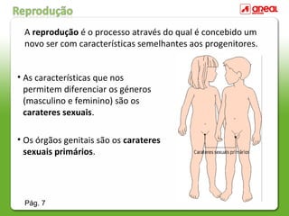 • As características que nos
permitem diferenciar os géneros
(masculino e feminino) são os
carateres sexuais.
• Os órgãos genitais são os carateres
sexuais primários.
A reprodução é o processo através do qual é concebido um
novo ser com características semelhantes aos progenitores.
Pág. 7
 