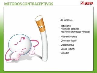 Pílula
Não tomar se...
- Tabagismo
- História de coágulos
nas pernas (tromboses venosas)
- Hipertensão grave
- Doença do fígado
- Diabetes grave
- Cancro (algum)
- Gravidez
 
