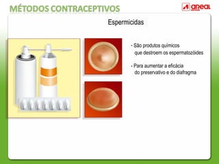- São produtos químicos
que destroem os espermatozóides
- Para aumentar a eficácia
do preservativo e do diafragma
Espermicidas
 