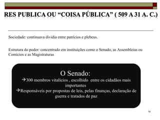 19
Sociedade: continuava dividia entre patrícios e plebeus.
Estrutura do poder: concentrado em instituições como o Senado, as Assembleias ou
Comícios e as Magistraturas
O Senado:
300 membros vitalícios , escolhido entre os cidadãos mais
importantes
Responsáveis por propostas de leis, pelas finanças, declaração de
guerra e tratados de paz
 