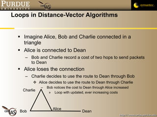 Loops in Distance-Vector Algorithms Imagine Alice, Bob and Charlie connected in a triangle Alice is connected to Dean Bob and Charlie record a cost of two hops to send packets to Dean Alice loses the connection Charlie decides to use the route to Dean through Bob Alice decides to use the route to Dean through Charlie Bob notices the cost to Dean through Alice increased Loop with updated, ever increasing costs Alice Bob Charlie Dean 