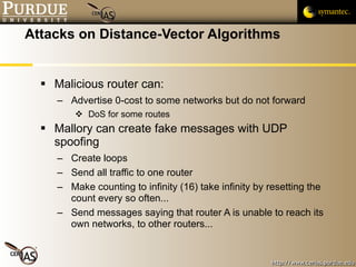 Attacks on Distance-Vector Algorithms Malicious router can: Advertise 0-cost to some networks but do not forward DoS for some routes Mallory can create fake messages with UDP spoofing Create loops Send all traffic to one router Make counting to infinity (16) take infinity by resetting the count every so often... Send messages saying that router A is unable to reach its own networks, to other routers... 