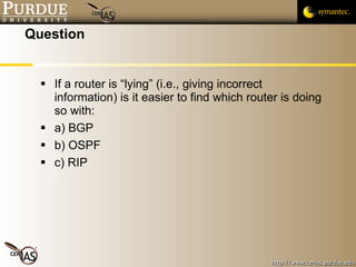 Question If a router is “lying” (i.e., giving incorrect information) is it easier to find which router is doing so with: a) BGP b) OSPF c) RIP 
