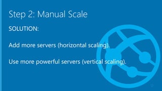 Step 2: Manual Scale
SOLUTION:
Add more servers (horizontal scaling).
Use more powerful servers (vertical scaling).
12
 
