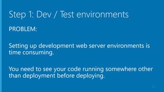 Step 1: Dev / Test environments
PROBLEM:
Setting up development web server environments is
time consuming.
You need to see your code running somewhere other
than deployment before deploying.
32
 