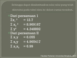 Dari persamaan 1 Σx 1   2   = 12.7 Σ x 2   2  = 8.969167 Σ  y 2   = 4.348892 Dari persamaan II Σ x 1 y   = 6.055 Σ x 2 y   = 4.965417 Σ x 1 x 2  = 6.99 Fakultas Pertanian Universitas Bengkulu, 2011 