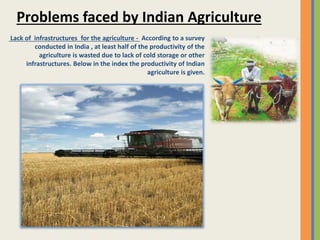 Lack of infrastructures for the agriculture - According to a survey
conducted in India , at least half of the productivity of the
agriculture is wasted due to lack of cold storage or other
infrastructures. Below in the index the productivity of Indian
agriculture is given.
Problems faced by Indian Agriculture
 