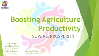 Boosting Agriculture
Productivity
SOWING PROSPERITY
Coordinated By-
Anuj Deep Yadav
Team Members:
-Adarsh Kumar -Anurag Pathak
-Ankit Sharma -Pranjal Srivastava
 