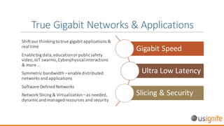 True	Gigabit	Networks	&	Applications
Shift	our	thinking	to	true	gigabit	applications	&	
real	time
Enable	big	data,	education	or	public	safety	
video,	IoT swarms,	Cyberphysical interactions	
&	more	…
Symmetric	bandwidth	– enable	distributed	
networks	and	applications
Software	Defined	Networks
Network	Slicing	&	Virtualization	– as	needed,	
dynamic	and	managed	resources	and	security
Gigabit	Speed
Ultra Low	Latency
Slicing	&	Security
 