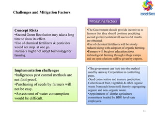 11
Challenges and Mitigation Factors
Concept Risks
•Second Green Revolution may take a long
time to show its effect.
•Use of chemical fertilizers & pesticides
would not stop at one go.
•Farmers might not adopt technology for
farming.
•The Government should provide incentives to
farmers that they should continue practicing
second green revolution till successful results
are obtained.
•Use of chemical fertilizers will be slowly
reduced along with adoption of organic farming.
•Farmers will be given education about
technological farming through village camps
and on spot solutions will be given by experts.
Mitigating factors
Implementation challenges
•Indigenous pest control methods are
not fool proof.
•Purchasing of seeds by farmers will
not be easy.
•Assessment of water consumption
would be difficult.
•The government can look into the method
used by Amway Corporation in controlling
pests.
•Seed conservation and manure production:
Collection of fruit, vegetable & other organic
waste from each household thereby segregating
organic and non- organic waste.
•Appointment of district agriculture
committees headed by BDO level state
employees.
 