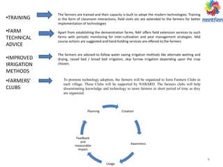 8
The farmers are trained and their capacity is built to adopt the modern technologies. Training
in the form of classroom interactions, field visits etc are extended to the farmers for better
implementation of technologies
Apart from establishing the demonstration farms, NAF offers field extension services to such
farms with periodic monitoring for inter-cultivation and pest management strategies. Mid
course actions are suggested and hand holding services are offered to the farmers
The farmers are advised to follow water saving irrigation methods like alternate wetting and
drying, raised bed / broad bed irrigation, skip furrow irrigation depending upon the crop
chosen.
Creation
Awareness
Usage
Feedback
and
measurable
impact
Planning
•TRAINING
•FARM
TECHNICAL
ADVICE
•IMPROVED
IRRIGATION
METHODS
•FARMERS’
CLUBS
To promote technology adoption, the farmers will be organized to form Farmers Clubs in
each village. These Clubs will be supported by NABARD. The farmers clubs will help
disseminating knowledge and technology to more farmers in short period of time as they
are organized.
 