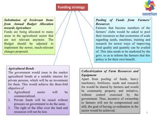 9
Funding strategy
Substitution of Irrelevant Items
from Annual Budget Allocation
towards Agriculture
Funds are being allocated to many
areas in the agricultural sector that
are not relevant anymore. The
Budget should be adjusted to
implement the newer, much-relevant
changes proposed.
Pooling of Funds from Farmers’
Resources
Farmers that become members of the
farmers’ clubs would be asked to pool
their resources so that economies of scale
regarding seeds, machines, training and
research for newer ways of improving
food quality and quantity can be availed
of. This idea needs to be marketed by the
govt. so as to inform the farmers that this
policy is for their own benefit.
Agricultural Bonds
The government would issue in the market
agricultural bonds at a suitable interest for
private persons, which will be an investment
for them. This would achieve the three-fold
objective of
1. Agricultural sector will be
commercialized.
2. Private funds will be raised without
pressure on government to do the same.
3. The right of the tiller over the land and
resources will not be lost.
Collectivization of Farm Resources and
Equipment
Apart from pooling of funds, heavy
machinery, fertilizers, seeds and research
fee would be shared by farmers and would
be community property and initiative,
without control exercised by the
government. Thus, incentive of ownership
to farmers will not be compromised and
still, the goal of having co-ordination in the
sector would be achieved.
 