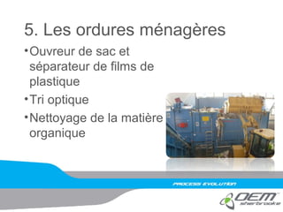 5. Les ordures ménagères
•Ouvreur de sac et
séparateur de films de
plastique
•Tri optique
•Nettoyage de la matière
organique
 