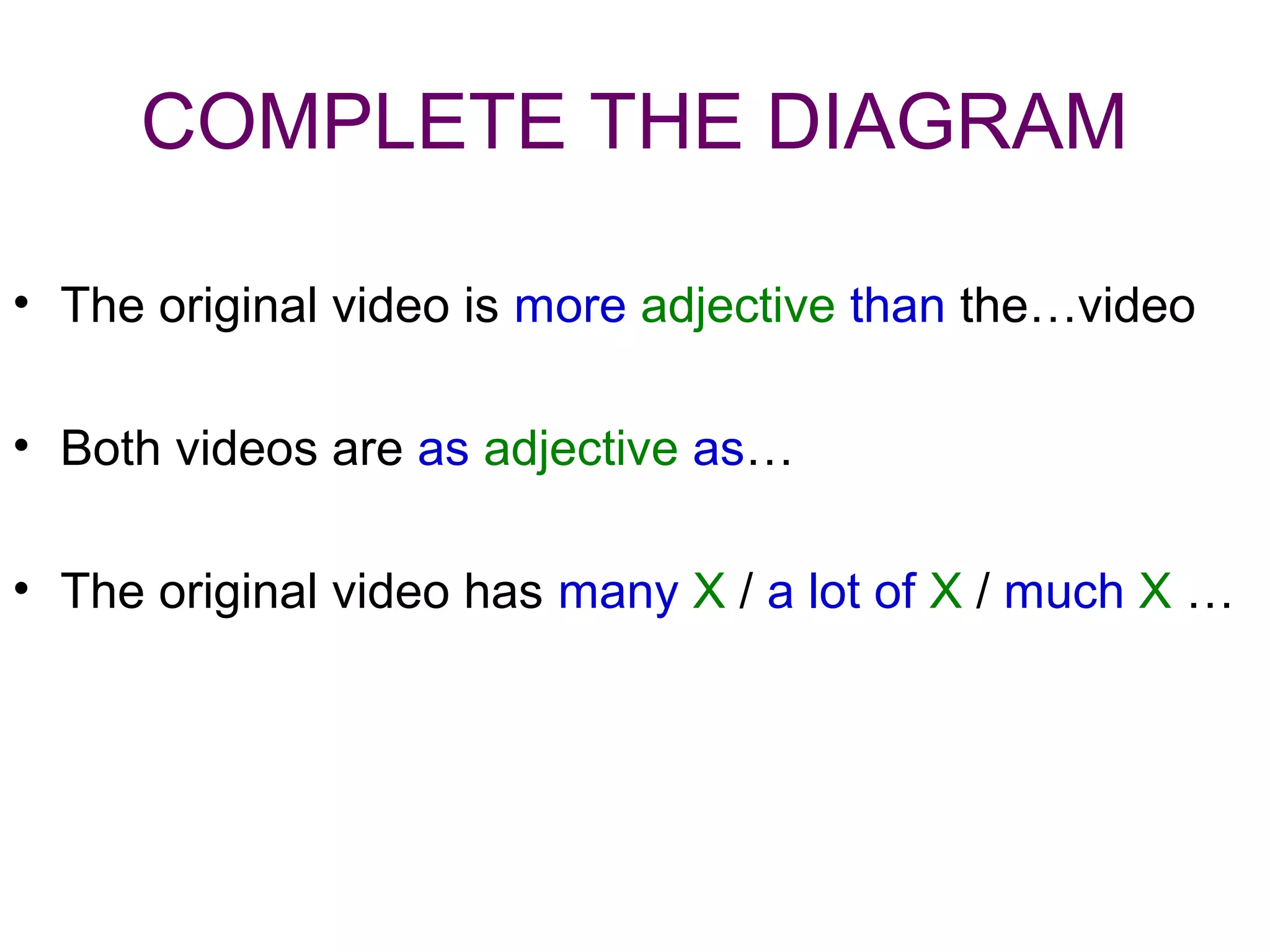 COMPLETE THE DIAGRAM

• The original video is more adjective than the…video

• Both videos are as adjective as…

• The original video has many X / a lot of X / much X …
 