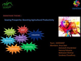 Sowing Prosperity: Boosting Agricultural Productivity
MANTHAN THEME :
Team : SIDDHANT
Members: Arun Soni
Ashutosh Chandrakar
Hansraj Palsania
Mahaveer Bishnoi
Sandeep Choudhary
Govt.
policiesResearch
Extension
MSP
market
economy
industries
 