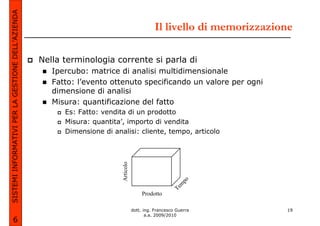 SISTEMI INFORMATIVI PER LA GESTIONE DELL’AZIENDA
                                                                                                Il livello di memorizzazione

                                                   Nella terminologia corrente si parla di
                                                      Ipercubo: matrice di analisi multidimensionale
                                                      Fatto: l’evento ottenuto specificando un valore per ogni
                                                      dimensione di analisi
                                                      Misura: quantificazione del fatto
                                                         Es: Fatto: vendita di un prodotto
                                                         Misura: quantita’, importo di vendita
                                                         Dimensione di analisi: cliente, tempo, articolo
                                                                          Articolo




                                                                                                            po
                                                                                                          m
                                                                                                        Te


                                                                                          Prodotto

                                                                                     dott. ing. Francesco Guerra          19
                                                                                            a.a. 2009/2010
             6
 