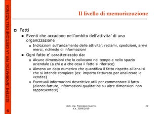 SISTEMI INFORMATIVI PER LA GESTIONE DELL’AZIENDA
                                                                                          Il livello di memorizzazione

                                                   Fatti
                                                      Eventi che accadono nell’ambito dell’attivita’ di una
                                                      organizzazione
                                                           Indicazioni sull’andamento delle attivita’: reclami, spedizioni, arrivi
                                                           merci, richieste di informazioni
                                                      Ogni fatto e’ caratterizzato da:
                                                           Alcune dimensioni che lo collocano nel tempo e nello spazio
                                                           aziendale (a chi e a che cosa il fatto si riferisce)
                                                           Almeno un dato numerico che quantifica il fatto rispetto all’analisi
                                                           che si intende compiere (es: importo fatturato per analizzare le
                                                           vendite)
                                                           Eventuali informazioni descrittive utili per commentare il fatto
                                                           (elenco fatture, informazioni qualitatibe su altre dimensioni non
                                                           rappresentate)



                                                                               dott. ing. Francesco Guerra                        20
                                                                                      a.a. 2009/2010
             6
 