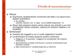 SISTEMI INFORMATIVI PER LA GESTIONE DELL’AZIENDA
                                                                                      Il livello di memorizzazione

                                                   Misure
                                                     Esprimono caratteristiche numeriche del fatto e ne descrivono
                                                     aspetti quantitativi
                                                        Es vendite:
                                                        (cliente: bianchi; art: 2, data: 12/11/2009) Quantita’ =5
                                                     Alcuni fatti possono essere senza misure (un articolo a cui non
                                                     corrisponde nessun acquisto, assenza di reclamo rispetto a un
                                                     prodotto)
                                                   Dimensioni
                                                     Insieme dei soggetti a cui si vuole rapportare l’analisi
                                                     Le dimensioni di analisi possono essere numerose:
                                                        Maggiore e’ la quantita’, maggiore la complessita’ del sistema
                                                        informativo
                                                        Normalmente si tende a diminuire il numero di dimensioni per
                                                        facilitare l’analisi
                                                        Ogni dimensione e’ caratterizzata da un dominio

                                                                           dott. ing. Francesco Guerra                   21
                                                                                  a.a. 2009/2010
             6
 