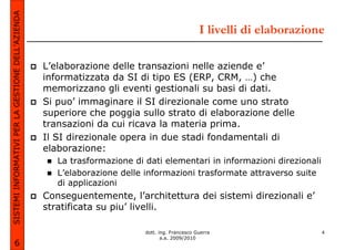 SISTEMI INFORMATIVI PER LA GESTIONE DELL’AZIENDA
                                                                                                 I livelli di elaborazione

                                                   L’elaborazione delle transazioni nelle aziende e’
                                                   informatizzata da SI di tipo ES (ERP, CRM, …) che
                                                   memorizzano gli eventi gestionali su basi di dati.
                                                   Si puo’ immaginare il SI direzionale come uno strato
                                                   superiore che poggia sullo strato di elaborazione delle
                                                   transazioni da cui ricava la materia prima.
                                                   Il SI direzionale opera in due stadi fondamentali di
                                                   elaborazione:
                                                      La trasformazione di dati elementari in informazioni direzionali
                                                      L’elaborazione delle informazioni trasformate attraverso suite
                                                      di applicazioni
                                                   Conseguentemente, l’architettura dei sistemi direzionali e’
                                                   stratificata su piu’ livelli.

                                                                           dott. ing. Francesco Guerra                   4
                                                                                  a.a. 2009/2010
             6
 