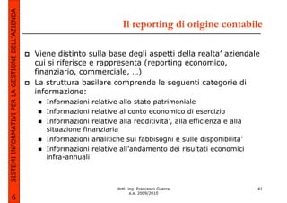 SISTEMI INFORMATIVI PER LA GESTIONE DELL’AZIENDA
                                                                              Il reporting di origine contabile

                                                   Viene distinto sulla base degli aspetti della realta’ aziendale
                                                   cui si riferisce e rappresenta (reporting economico,
                                                   finanziario, commerciale, …)
                                                   La struttura basilare comprende le seguenti categorie di
                                                   informazione:
                                                      Informazioni relative allo stato patrimoniale
                                                      Informazioni relative al conto economico di esercizio
                                                      Informazioni relative alla redditivita’, alla efficienza e alla
                                                      situazione finanziaria
                                                      Informazioni analitiche sui fabbisogni e sulle disponibilita’
                                                      Informazioni relative all’andamento dei risultati economici
                                                      infra-annuali



                                                                            dott. ing. Francesco Guerra                 41
                                                                                   a.a. 2009/2010
             6
 